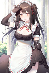 Rule 34 | 1girl, absurdres, apron, arjent, arm up, black dress, black gloves, black hair, blush, breasts, cleavage, closed mouth, clothing cutout, cowboy shot, day, detached collar, dress, elbow gloves, facial mark, frilled apron, frilled dress, frills, frown, gloves, hair ribbon, heart, heart cutout, highres, large breasts, long hair, maid, maid headdress, neck ribbon, original, outdoors, pillar, puffy short sleeves, puffy sleeves, red eyes, red ribbon, ribbon, short sleeves, signature, skirt hold, solo, thighhighs, two side up, v-shaped eyebrows, very long hair, wavy mouth, white apron, white thighhighs