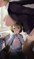 Rule 34 | 1boy, 2girls, absurdres, black jacket, blouse, blush, breasts, breasts out, brown legwear, clothed sex, collared shirt, commentary request, covering own mouth, female ejaculation, green eyes, green hair, hair between eyes, head out of frame, hetero, highres, idolmaster, idolmaster shiny colors, implied sex, indoors, jacket, large breasts, long sleeves, multiple girls, nanakusa hazuki, nanakusa nichika, nipples, noe 8ban, open clothes, open jacket, open mouth, out-of-frame censoring, public indecency, pussy juice, sex, sex from behind, shirt, short hair, siblings, sisters, squirting liquid, sweat, sweater, tears, thighhighs, tongue, tongue out, watching, white shirt