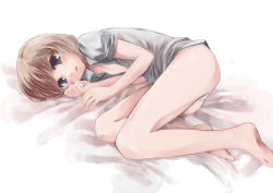 Rule 34 | 1girl, alice margatroid, barefoot, bottomless, brown hair, feet, female focus, fetal position, gradient background, no pants, open clothes, open shirt, panties, pino (birthdayparty), pino (pixiv), shirt, short hair, solo, touhou, underwear, white background