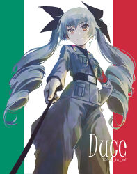 Rule 34 | 1girl, anchovy (girls und panzer), anzio military uniform, artist request, belt, black belt, black necktie, black ribbon, boots, cowboy shot, dress shirt, drill hair, frown, girls und panzer, green hair, grey jacket, grey pants, grin, hair ribbon, hand on own hip, holding, holding riding crop, italian flag, jacket, knee boots, leaning forward, long hair, long sleeves, looking at viewer, military, military uniform, necktie, pants, reaching, red eyes, ribbon, riding crop, shirt, smile, solo, standing, torn belt, torn clothes, torn ribbon, twin drills, twintails, twitter username, uniform, very long hair, wing collar