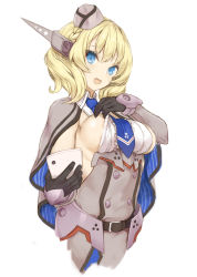 Rule 34 | 1girl, areola slip, black gloves, blonde hair, blue eyes, blue necktie, blush, braid, breasts, capelet, cellphone, colorado (kancolle), cropped torso, dress, elbow gloves, garrison cap, gloves, grey dress, grey hat, hat, headgear, highres, holding, kantai collection, large breasts, looking at viewer, necktie, open mouth, phone, pleated dress, revision, ryo (tg290), shirt, short hair, side braids, sideboob, simple background, sleeveless, smile, solo, upper body, white background, white shirt