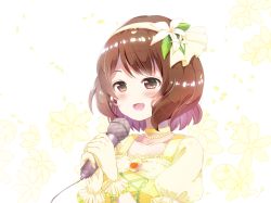 Rule 34 | 1girl, blush, brown eyes, brown hair, choker, flower, gloves, hair flower, hair ornament, hairband, highres, holding, holding microphone, idolmaster, idolmaster cinderella girls, idolmaster cinderella girls starlight stage, jewelry, mearian, microphone, music, nagatomi hasumi, necklace, open mouth, puffy short sleeves, puffy sleeves, short hair, short sleeves, simple background, singing, smile, solo, upper body, yellow choker