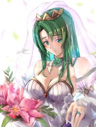 Rule 34 | 1girl, artist name, bare shoulders, blurry, blush, bouquet, breasts, bridal veil, cecilia (fire emblem), clear glass (mildmild1311), cleavage, closed mouth, collarbone, depth of field, detached collar, dress, fire emblem, fire emblem: the binding blade, fire emblem heroes, flower, frills, green eyes, green hair, highres, jewelry, large breasts, looking at viewer, nintendo, official alternate costume, ring, signature, simple background, solo, strapless, strapless dress, upper body, veil, wedding dress, white background, white dress
