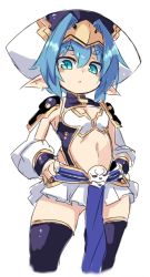 Rule 34 | 1girl, :&lt;, black leotard, black thighhighs, blue eyes, blue hair, blush stickers, breasts, center opening, closed mouth, cropped legs, gluteal fold, hair between eyes, hair intakes, hands on own hips, hat, headpiece, hellmatio, karukan (monjya), leotard, long sleeves, looking at viewer, navel, pointy ears, puffy long sleeves, puffy sleeves, shinrabanshou, simple background, sketch, small breasts, solo, thick eyebrows, thighhighs, white background, white hat