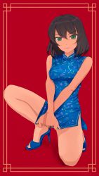 Rule 34 | 1girl, akagi (fmttps), bare arms, bare legs, bare shoulders, black hair, blue dress, blue footwear, border, breasts, china dress, chinese clothes, closed mouth, commentary request, dark-skinned female, dark skin, dress, dress tug, female focus, frown, full body, girls und panzer, green eyes, hair between eyes, high heels, highres, hoshino (girls und panzer), knee up, kneeling, legs, lips, looking at viewer, medium breasts, microdress, neck, no legwear, on one knee, print dress, red background, serious, short dress, short hair, side ponytail, sleeveless, sleeveless dress, solo, twitter username, yellow border