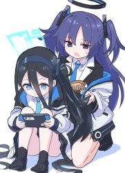 Rule 34 | 2girls, aqua eyes, aris (blue archive), black hair, black legwear, black skirt, blue archive, brushing hair, collared shirt, comb, brushing hair, dress shirt, game console, hairband, handheld game console, highres, holding, holding hair, jacket, kneeling, long hair, looking at another, multiple girls, necktie, off shoulder, open mouth, paskmel, pleated skirt, purple eyes, purple hair, shadow, shirt, side ponytail, sidelocks, simple background, sitting, skirt, socks, suit jacket, sweat, twintails, very long hair, white background, yuuka (blue archive)