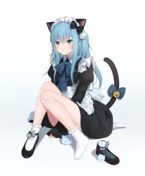 Rule 34 | 1girl, amashiro natsuki, animal ears, apron, arm support, bandaid, bandaid on knee, bandaid on leg, bell, between legs, black bow, black dress, black footwear, blue hair, blush, bow, cat ears, cat girl, cat tail, closed mouth, commentary request, dress, frilled apron, frills, frown, full body, grey bow, hair bow, hand between legs, highres, jingle bell, juliet sleeves, knees up, long hair, long sleeves, maid, maid headdress, nekoha shizuku, original, puffy sleeves, unworn shoe, shoes, unworn shoes, simple background, single shoe, sitting, socks, solo, tail, tail bell, tail bow, tail ornament, waist apron, white apron, white background, white socks