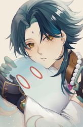 Rule 34 | 1boy, :/, ahoge, aqua hair, armor, bead necklace, beads, black hair, closed mouth, commentary request, cropped torso, detached sleeves, eyeshadow, facial mark, forehead mark, genshin impact, gloves, highres, holding, jewelry, looking at viewer, makeup, male focus, multicolored hair, necklace, parted bangs, pauldrons, red eyeshadow, seigetu810, shoulder armor, sidelocks, simple background, single pauldron, slime (genshin impact), spiked armor, spikes, tassel, vision (genshin impact), white background, wide sleeves, xiao (genshin impact), yellow eyes