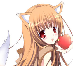Rule 34 | 00s, 1girl, animal ears, apple, food, fruit, holding, holding food, holding fruit, holo, lowres, shirogane hina, solo, spice and wolf, tail, wolf ears, wolf tail