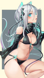 Rule 34 | 1girl, animal ears, aqua eyes, aqua gloves, artist name, bikini, black jacket, blush, breasts, cleavage, clothing cutout, front-tie bikini top, front-tie top, gloves, grey hair, hair between eyes, highres, invisible chair, jacket, knee up, long hair, long sleeves, looking at viewer, medium breasts, mitake eil, mouse ears, mouse girl, mouse tail, multi-strapped bikini, navel, original, shoulder cutout, shrug (clothing), signature, sitting, skindentation, solo, swimsuit, tail, zipper