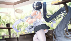 Rule 34 | 1girl, absurdly long hair, absurdres, apron, ass, ass cutout, azur lane, back bow, backless outfit, bare shoulders, black hair, black skirt, bow, breasts, bucket, cake, cake slice, clothing cutout, cowboy shot, food, frills, from behind, gem, grey hair, high ponytail, highres, huge breasts, indomitable (azur lane), indomitable (ms. motivationless maid) (azur lane), indoors, jfzm001, kettle, leg up, long hair, maid, maid headdress, manjuu (azur lane), mop, official alternate costume, pantyhose, plant, ponytail, potted plant, red gemstone, skirt, solo, underskirt, very long hair, waist apron, white apron, white pantyhose
