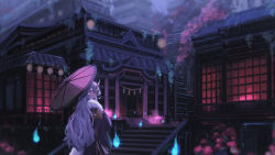 Rule 34 | 1girl, architecture, baseness, black hair, building, east asian architecture, flower, fur trim, highres, hitodama, horns, japanese clothes, kimono, lantern, light purple hair, long hair, looking at viewer, looking back, mole, mole under mouth, multicolored hair, nijisanji, oni, paper lantern, parasol, pointy ears, purple kimono, rindou mikoto, shide, short eyebrows, skin-covered horns, smile, solo, stairs, streaked hair, temple, thick eyebrows, tree, two-tone hair, umbrella, virtual youtuber, wide sleeves