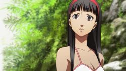 Rule 34 | 10s, 1girl, amagi yukiko, animated, animated gif, bikini, black hair, blush, breasts, brown eyes, cleavage, collarbone, hairband, long hair, open mouth, persona, persona 4, persona 4 the animation, solo, surprised, swimsuit