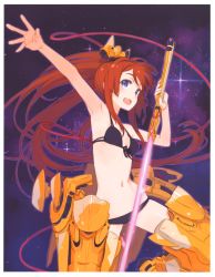 Rule 34 | 1girl, absurdres, arm up, armor, armored boots, armpits, bare shoulders, bikini, black bikini, blue eyes, boots, breasts, brown hair, cleavage, energy blade, energy sword, floating hair, front-tie top, hair ornament, halterneck, halterneck, highres, holding, holding sword, holding weapon, kuroboshi kouhaku, long hair, lowleg, lowleg bikini, million arthur (series), navel, open mouth, outline, ponytail, red hair, scan, small breasts, smile, solo, space, strap gap, swimsuit, sword, very long hair, weapon, wire