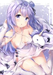 Rule 34 | 1girl, arm up, azur lane, bare shoulders, blush, breasts, chiyingzai, criss-cross halter, detached sleeves, dress, hair bun, halterneck, head tilt, highres, long hair, long sleeves, looking at viewer, medium breasts, one side up, panties, parted lips, purple eyes, purple hair, single hair bun, sitting, sleeves past wrists, solo, stuffed animal, stuffed toy, stuffed winged unicorn, thighhighs, underwear, unicorn (azur lane), wariza, white dress, white panties, white thighhighs