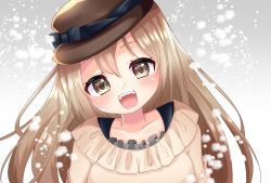 Rule 34 | 1girl, :d, bad id, bad pixiv id, black bow, bow, brown eyes, brown hair, brown hat, brown shirt, clip studio paint (medium), collarbone, commentary request, fangs, frilled shirt, frills, gradient background, grey background, hair between eyes, hat, hat bow, head tilt, highres, long hair, looking at viewer, misaki (misaki86), open mouth, original, shirt, smile, snowing, solo, teeth, upper body, upper teeth only, white background