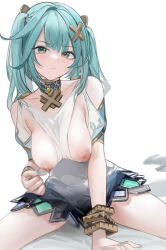 Rule 34 | 1girl, absurdres, aqua hair, bare shoulders, between breasts, blue nails, bracelet, breasts, breasts out, chinese commentary, closed mouth, commentary request, cowboy shot, dress, faruzan (genshin impact), genshin impact, green eyes, hair ornament, highres, jewelry, long hair, looking at viewer, medium breasts, nagata gata, nail polish, neck ring, nipples, puffy nipples, short sleeves, sidelocks, sitting, solo, spread legs, symbol in eye, thighs, tsurime, twintails, white background, white dress, x hair ornament