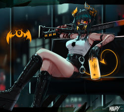 Rule 34 | 1girl, black gloves, blurry, blurry background, boots, breasts, broken horn, can, collar, cross-laced footwear, cross hair ornament, crossed legs, cuffs, demon horns, demon tail, earrings, ehrrr, energy drink, gloves, gun, hair between eyes, hair ornament, handcuffs, highres, holding, holding can, horns, jewelry, lace-up boots, lever action, long hair, looking at viewer, mask, medium breasts, misery-chan, mouth mask, necktie, orange eyes, original, pentagram, shirt, sitting, skirt, sleeveless, solo, tail, weapon, white shirt