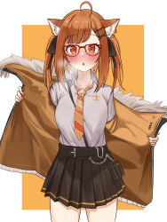 Rule 34 | 1girl, absurdres, ahoge, animal ears, black skirt, blush, breasts, brown eyes, brown hair, choco tanuki, collarbone, collared shirt, glasses, highres, large breasts, long hair, looking at viewer, medium hair, necktie, nijisanji, orange necktie, outside border, parted lips, pleated skirt, ratna petit, red-framed eyewear, shirt, short sleeves, short twintails, skirt, solo, sweat, swept bangs, twintails, undressing, virtual youtuber, wet, wet clothes, white shirt