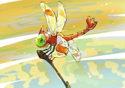 Rule 34 | blurry, bug, commentary request, creatures (company), dragonfly, full body, game freak, gen 2 pokemon, green eyes, highres, holding, bug, nintendo, no humans, pokemon, pokemon (creature), solo, spikes, yanma, yuro (mangasukinoyuro)