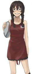 Rule 34 | 1girl, :d, blush, braid, brown hair, dress, glasses, grin, hair over shoulder, holding, itsutsu, looking at viewer, open mouth, original, red-framed eyewear, red dress, simple background, sleeveless, sleeveless dress, smile, solo, teeth, tray, twin braids, waitress, white background