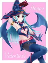 Rule 34 | 1girl, aqua hair, armpits, bad id, bad pixiv id, bare shoulders, boots, breasts, chocolate magician girl, clothing cutout, duel monster, garter straps, gloves, hat, heart, heart cutout, long hair, looking at viewer, love (pspdspsp), pantyhose, pointy ears, red eyes, skirt, solo, thigh boots, thighhighs, wings, wizard hat, yu-gi-oh!