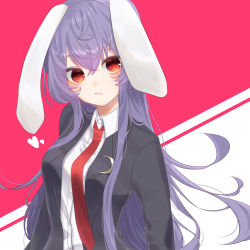 Rule 34 | 1girl, :/, absurdres, animal ears, blazer, blouse, breasts, cincia 0, closed mouth, hair between eyes, heart, highres, jacket, long hair, long sleeves, looking at viewer, necktie, purple hair, rabbit ears, red eyes, reisen udongein inaba, shirt, solo, touhou, upper body, very long hair, white shirt