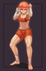 Rule 34 | 1girl, abs, ankle wrap, barefoot, black shorts, boxers, breasts, brown background, clenched hands, commentary, earrings, english commentary, fighting stance, foot wraps, gift art, hand wraps, highres, hololive, hololive english, jewelry, kickboxing, male underwear, medium breasts, midriff, muay thai, muscular, muscular female, navel, obliques, purple eyes, red eyes, seraziel, shorts, simple background, takanashi kiara, underwear, virtual youtuber