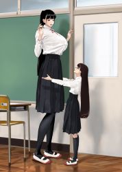 Rule 34 | 2girls, black legwear, breasts, classroom, happy, height difference, high-waist skirt, highres, hiramedousa, huge breasts, light blush, long hair, long skirt, looking at another, looking down, looking up, multiple girls, open mouth, original, pantyhose, ponytail, school uniform, shirt tucked in, simple background, size difference, skirt, smile, socks, tall female, very long hair, yuri