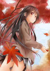 Rule 34 | 1girl, akino shuu, autumn, autumn leaves, black hair, black shirt, black skirt, blouse, blush, cardigan, closed mouth, convenient censoring, cowboy shot, day, dutch angle, falling leaves, from side, hair between eyes, iroha kaede, leaf, leaf censor, long hair, looking at viewer, maple leaf, open cardigan, open clothes, original, outdoors, pleated skirt, red eyes, school uniform, serafuku, shirt, skirt, solo, thighs, very long hair, white shirt