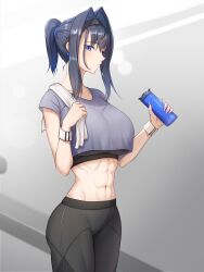 Rule 34 | absurdres, alternate costume, black hair, blue eyes, bottle, bow, bow earrings, earrings, highres, hololive, hololive english, jewelry, ouro kronii, pectorals, ponytail, towel, virtual youtuber, water bottle, white wrist cuffs, wrist cuffs, zenya