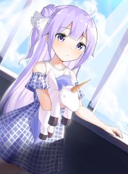 Rule 34 | 1girl, :/, ahoge, alternate costume, azur lane, bad id, bad pixiv id, blue sky, casual, checkered sash, collarbone, commentary request, contemporary, copiz, curtains, detached sleeves, doll, hugging doll, hair bun, hair ribbon, highres, long hair, looking at viewer, hugging object, one side up, purple hair, ribbon, single hair bun, sky, solo, stuffed animal, stuffed pegasus, stuffed toy, stuffed unicorn, unicorn (azur lane), wind