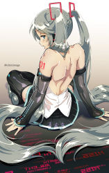 Rule 34 | 1girl, aqua eyes, aqua hair, artist name, back, backless outfit, black shirt, black thighhighs, detached sleeves, from behind, full body, hatsune miku, hatsune miku (vocaloid4), ichimi renge, long hair, looking back, pleated skirt, profile, shadow, shirt, shoulder blades, sitting, skirt, solo, thighhighs, twintails, twitter username, very long hair, vocaloid, white shirt