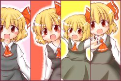 Rule 34 | 1girl, :d, blonde hair, derivative work, hair ribbon, oi gatsuo, open mouth, outstretched arms, parody, red eyes, ribbon, rumia, shirt, short hair, skirt, slit pupils, smile, spread arms, touhou, vest