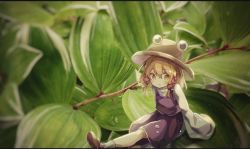 Rule 34 | 1girl, bare legs, blonde hair, blush, brown footwear, commentary, dew drop, dress, full body, hair ribbon, hat, leaf, letterboxed, long sleeves, looking to the side, mina (sio0616), moriya suwako, open mouth, parted bangs, pinafore dress, purple dress, red ribbon, ribbon, shirt, shoes, short hair, sitting, sitting on object, sleeveless dress, sleeves past wrists, socks, solo, surprised, touhou, twig, water drop, white shirt, white sleeves, white socks, wide sleeves