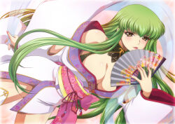 Rule 34 | 1girl, :d, blush, c.c., code geass, green hair, hand fan, holding, holding fan, japanese clothes, kaname aomame, kimono, long hair, looking at viewer, obi, open mouth, paper fan, pink nails, sash, smile, solo, thighhighs, white thighhighs, yellow eyes