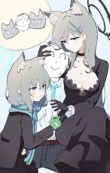 Rule 34 | 1boy, 2girls, absurdres, animal ear fluff, animal ears, black choker, black dress, blue archive, breasts, buttoned cuffs, buttons, choker, cleavage, closed eyes, closed mouth, collared shirt, doodle sensei (blue archive), dress, frown, gloves, grey hair, halo, highres, jacket, large breasts, long hair, long sleeves, looking at another, meng yin, multiple girls, necktie, nervous, open mouth, scarf, sensei (blue archive), shiroko (blue archive), shiroko terror (blue archive), shirt, sitting, sitting on lap, sitting on person, smile, wolf ears, wolf girl