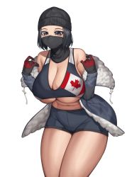 Rule 34 | 1girl, bare shoulders, beanie, black gloves, black hair, black hat, black shorts, blush, breasts, briefs, canadian flag print, cinko, cleavage, commentary request, frost (rainbow six siege), fur-trimmed jacket, fur trim, gloves, grey eyes, grey jacket, hands up, hat, highres, jacket, legs together, long sleeves, looking at viewer, male underwear, mask, midriff, mouth mask, multicolored hair, navel, no pants, off shoulder, open clothes, open jacket, rainbow six siege, red gloves, short hair, shorts, simple background, solo, sports bra, standing, two-tone hair, underboob, underwear, white background