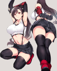 Rule 34 | 1girl, armpits, arms up, ass, bare shoulders, bike shorts, black gloves, black hair, black skirt, black thighhighs, breasts, cleavage, collarbone, commentary request, elbow gloves, final fantasy, final fantasy vii, final fantasy vii remake, fingerless gloves, from below, gloves, grey background, highres, interlocked fingers, kamishiro ryuu, large breasts, long hair, looking at viewer, low-tied long hair, midriff, miniskirt, multiple views, navel, own hands together, pantylines, pleated skirt, red eyes, red footwear, shirt, shoes, shorts, shorts under skirt, skirt, sleeveless, sleeveless shirt, smile, stomach, suspenders, tank top, thighhighs, thighs, tifa lockhart, very long hair, white shirt