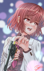 Rule 34 | 1girl, black shirt, blurry, blurry background, bullet, collared shirt, gun, highres, holding, holding gun, holding weapon, horikawa raiko, jacket, multicolored background, nail polish, necktie, open mouth, pink nails, plaid, plaid shirt, purple necktie, red eyes, red hair, shirt, short hair, signature, solo, touhou, upper body, weapon, white jacket, yagamin258