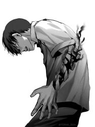 Rule 34 | 1boy, ajin (sakurai gamon), black hair, commentary request, from side, greyscale, male focus, monochrome, nagai kei, open mouth, shirt, short hair, simple background, solo, standing, twitter username, upper body, white background, yorha 2b2e