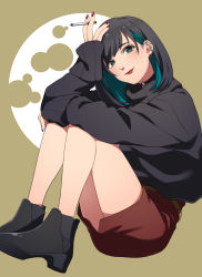 Rule 34 | 1girl, ankle boots, aqua hair, black hair, blush, boots, choker, cigarette, ear piercing, earrings, green eyes, hand on own head, head tilt, high heel boots, high heels, highres, hugging own legs, jewelry, knees together feet apart, knees up, lips, looking at viewer, multicolored hair, nail polish, original, oversized clothes, pencil skirt, piercing, red nails, shoes, simple background, sitting, skirt, smile, smoking, solo, sumino akasuke, sweater, turtleneck, turtleneck sweater, two-tone hair