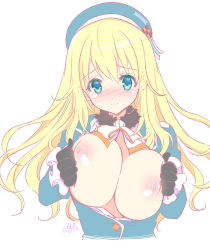 Rule 34 | 10s, 1girl, aqua eyes, atago (kancolle), beret, black gloves, blonde hair, blush, breasts squeezed together, breasts, breasts out, embarrassed, female focus, gloves, hat, inverted nipples, kantai collection, large breasts, long hair, looking at viewer, military, military uniform, nipples, open clothes, shibi, simple background, sketch, solo, uniform, upper body, wavy mouth, white background