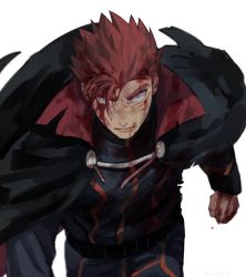 Rule 34 | 1boy, black cape, blood, blood on face, cape, closed mouth, commentary request, creatures (company), game freak, grey eyes, jacket, lance (pokemon), long sleeves, male focus, nintendo, pokemon, pokemon hgss, red hair, short hair, simple background, solo, spiked hair, white background, y (036 yng)