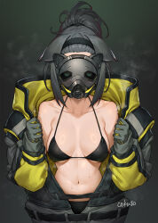 Rule 34 | 1girl, animal ears, arknights, bikini, black bikini, black hair, black hairband, bodysuit, cat ears, cat girl, cat mask, cokuto1, facing viewer, gas mask, hairband, jessica (arknights), jessica (iron block) (arknights), looking at viewer, mask, masked, navel, open bodysuit, open clothes, ponytail, sweat, swimsuit, upper body