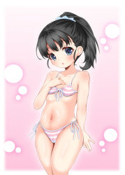 Rule 34 | 1girl, belly, bikini, black hair, blue eyes, blush, breasts, cameltoe, fukuyama mai, groin, hand on own chest, highres, hosizora mikoto, idolmaster, idolmaster cinderella girls, long hair, navel, open mouth, pink background, ponytail, side-tie bikini bottom, simple background, small breasts, solo, striped bikini, striped clothes, swimsuit, thighs