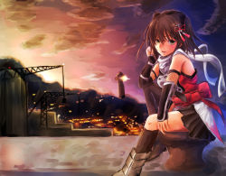 Rule 34 | 1girl, black gloves, black neckerchief, black skirt, brown eyes, brown hair, buttons, commentary request, double-breasted, elbow gloves, fingerless gloves, full body, gauntlets, gloves, kantai collection, lighthouse, mizuya chiharu, mountain, neckerchief, scarf, school uniform, sendai (kancolle), sendai kai ni (kancolle), serafuku, single thighhigh, sitting, skirt, sleeveless, solo, sunset, thighhighs, two side up, white scarf