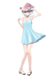 Rule 34 | 1girl, arm strap, blue dress, bow, closed mouth, collarbone, dress, full body, hat, hat bow, hat ribbon, highres, kashiiyou, looking at viewer, original, ribbon, shiny skin, short dress, short hair, silver hair, simple background, sleeveless, sleeveless dress, smile, solo, standing, sundress, v, white background, white bow, white ribbon, yellow eyes