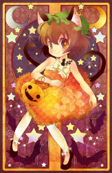 Rule 34 | 1girl, alternate costume, animal ears, bare arms, bare shoulders, bat (animal), blush, bow, brown eyes, brown hair, card, cat ears, cat girl, cat tail, chen, crescent, dress, ear piercing, earrings, female focus, floral print, halloween, hat, highres, jack-o&#039;-lantern, jewelry, looking at viewer, multiple tails, nekomata, pants, pants under dress, piercing, pumpkin, short hair, single earring, smile, solo, star (symbol), strapless, strapless dress, tail, takamoto akisa, tattoo, touhou, yellow dress