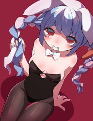 Rule 34 | 1girl, absurdres, animal ears, arm support, bare shoulders, black leotard, black pantyhose, blue hair, blush, braid, braiding hair, breasts, carrot hair ornament, cleavage, cowboy shot, cutout above navel, embarrassed, food-themed hair ornament, from above, hair ornament, hair tie, hair tie in mouth, hairdressing, highres, hikimayu, hololive, leotard, long hair, looking at viewer, looking up, medium breasts, mouth hold, multicolored hair, oggu (neoguloliko), pantyhose, playboy bunny, rabbit ears, red eyes, short eyebrows, sitting, solo, strapless, strapless leotard, swept bangs, thick eyebrows, thigh gap, twin braids, twintails, two-tone hair, usada pekora, usada pekora (1st costume), virtual youtuber, white hair